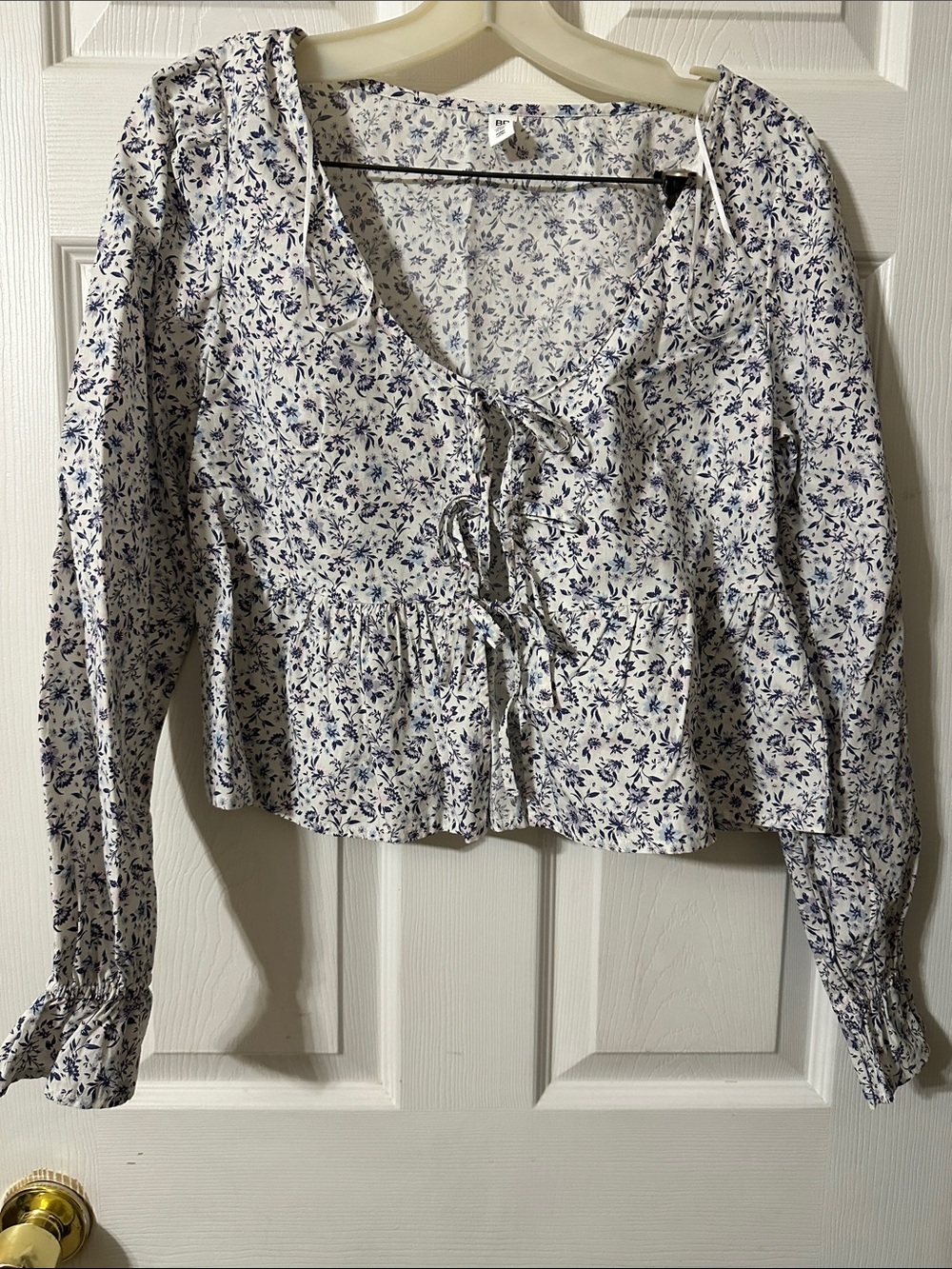 bp White Floral Tie-Front Peasant Blouse with Blue Print